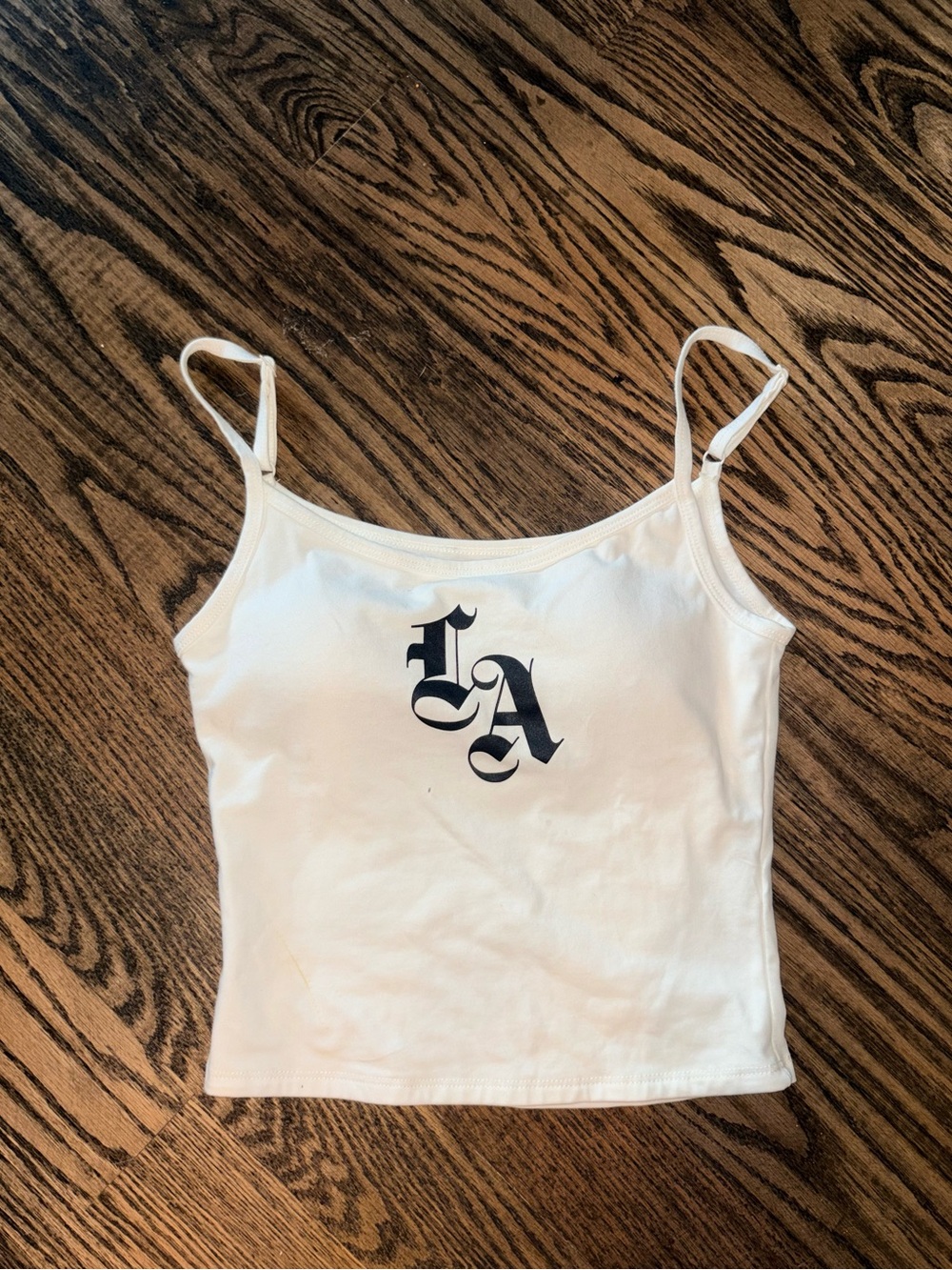 White Old English LA Graphic Cropped Cami Tank Top